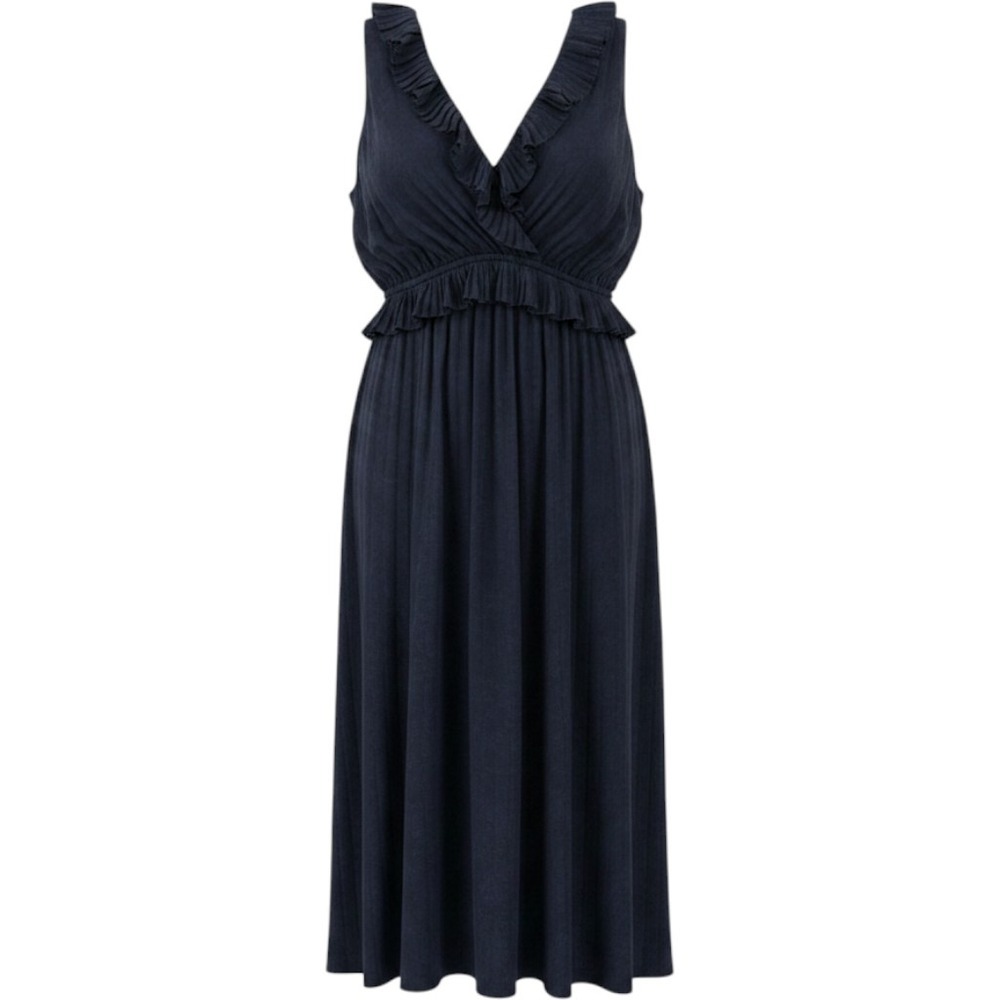 Pleated Ruffle Midi Dress Womens Small Navy Blue Sleeveless Romantic Fem Classic